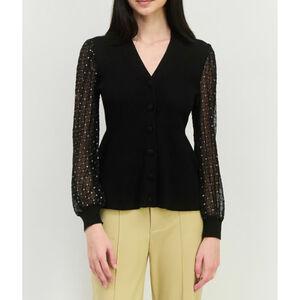 89th and Madison Women's Black Embellished Mesh Sleeve Sweater Twee Wimsigoth